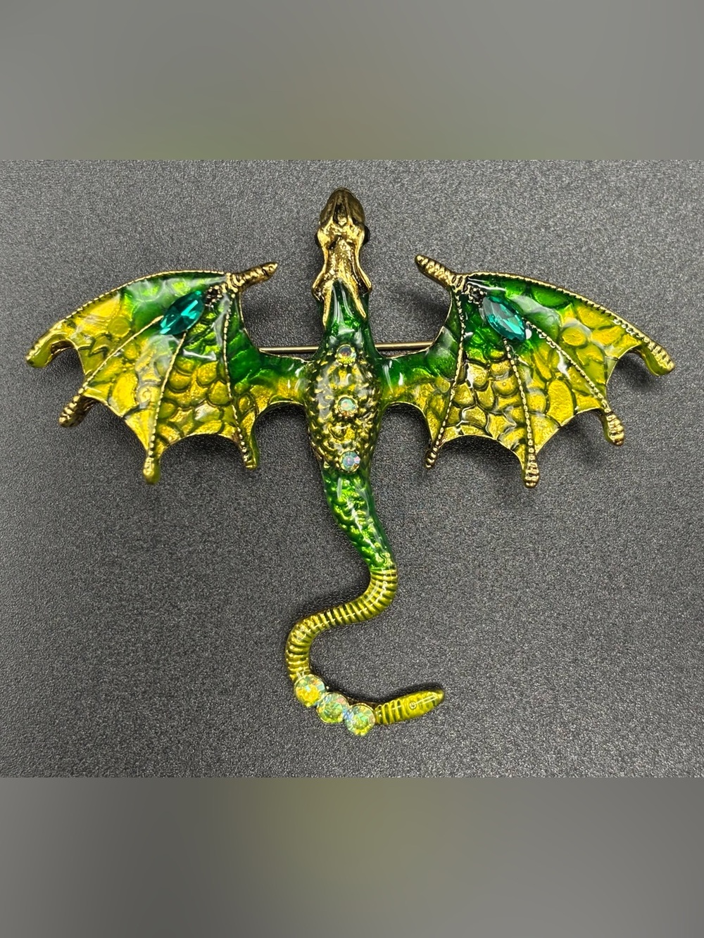 Emerald & Lime Dragon Brooch Pin with Crystal Accents